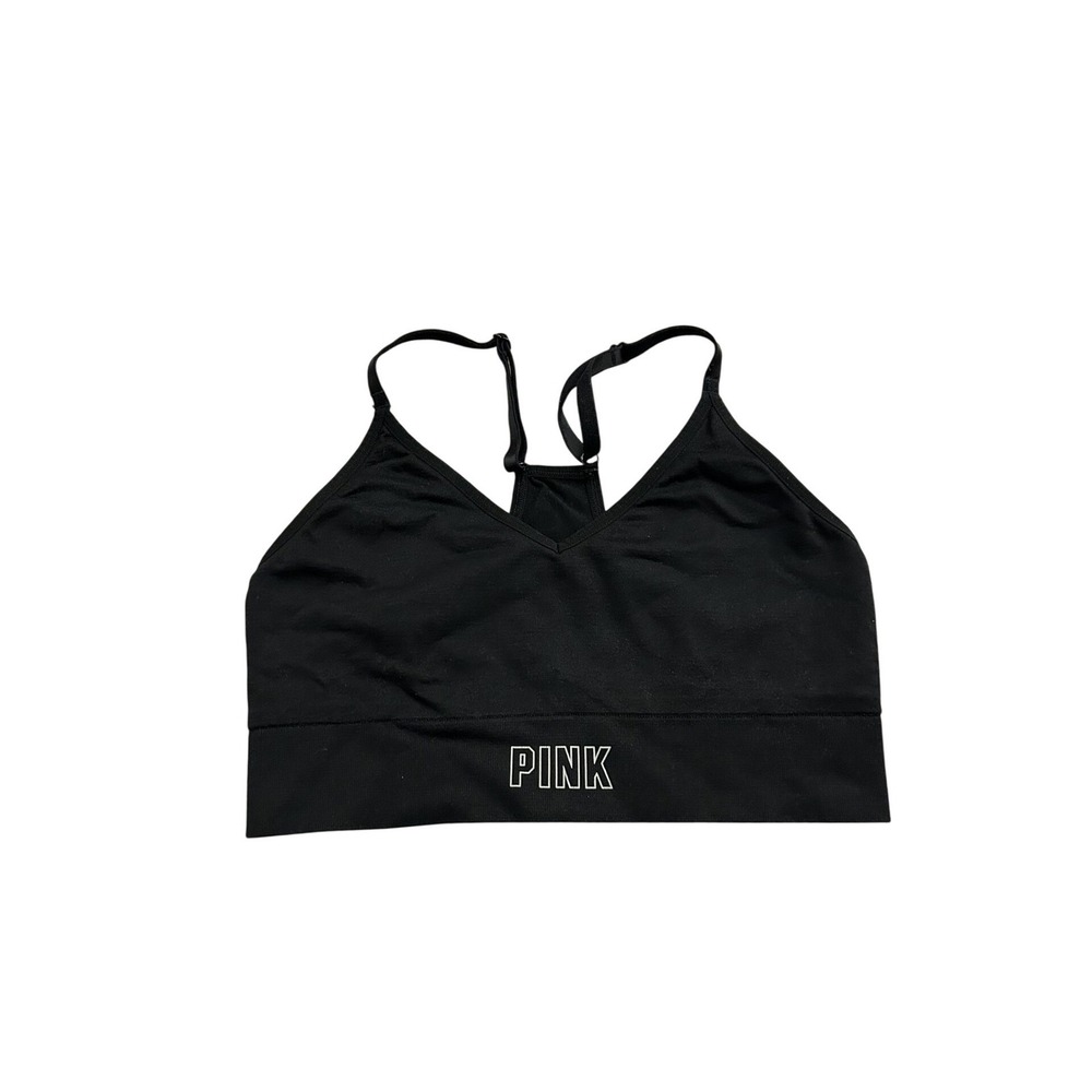 PINK Victoria's Secret Sports Bra Womens Medium Black Excellent Racerback V-Neck